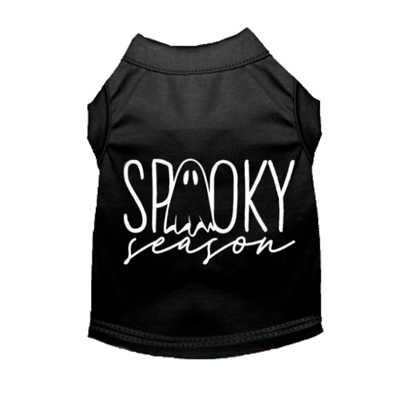 Black Spooky Season dog shirt with white ghost graphic