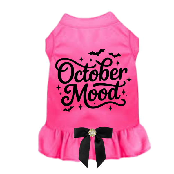 Pink October Mood Halloween dog dress with black bow and ruffle skirt
