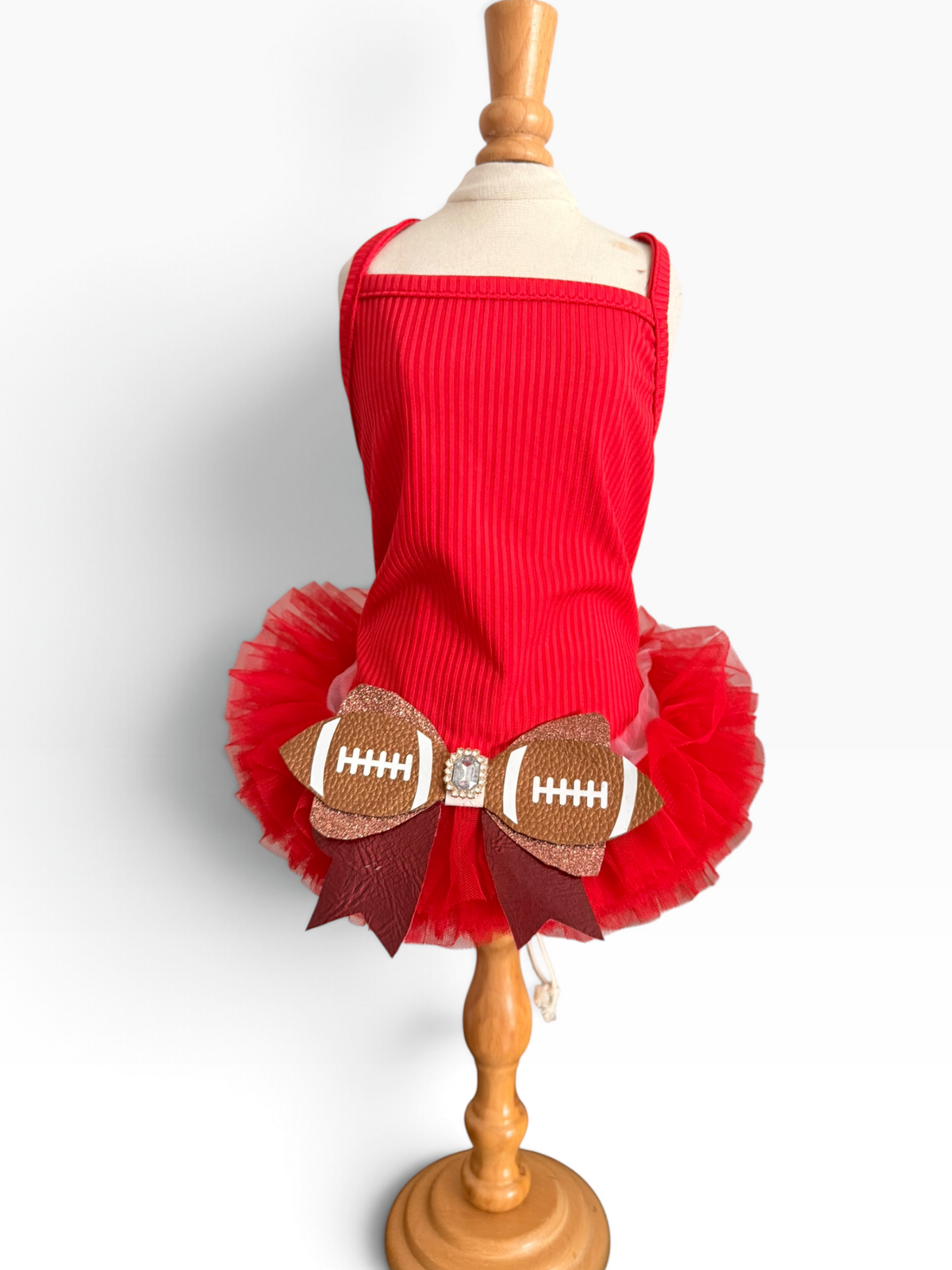 Red Touchdown Socialite Dog Dress with tulle skirt and football bow