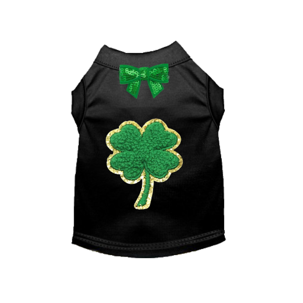 ✨ Gold Trim Clover Dog Tee with Sequin Bow