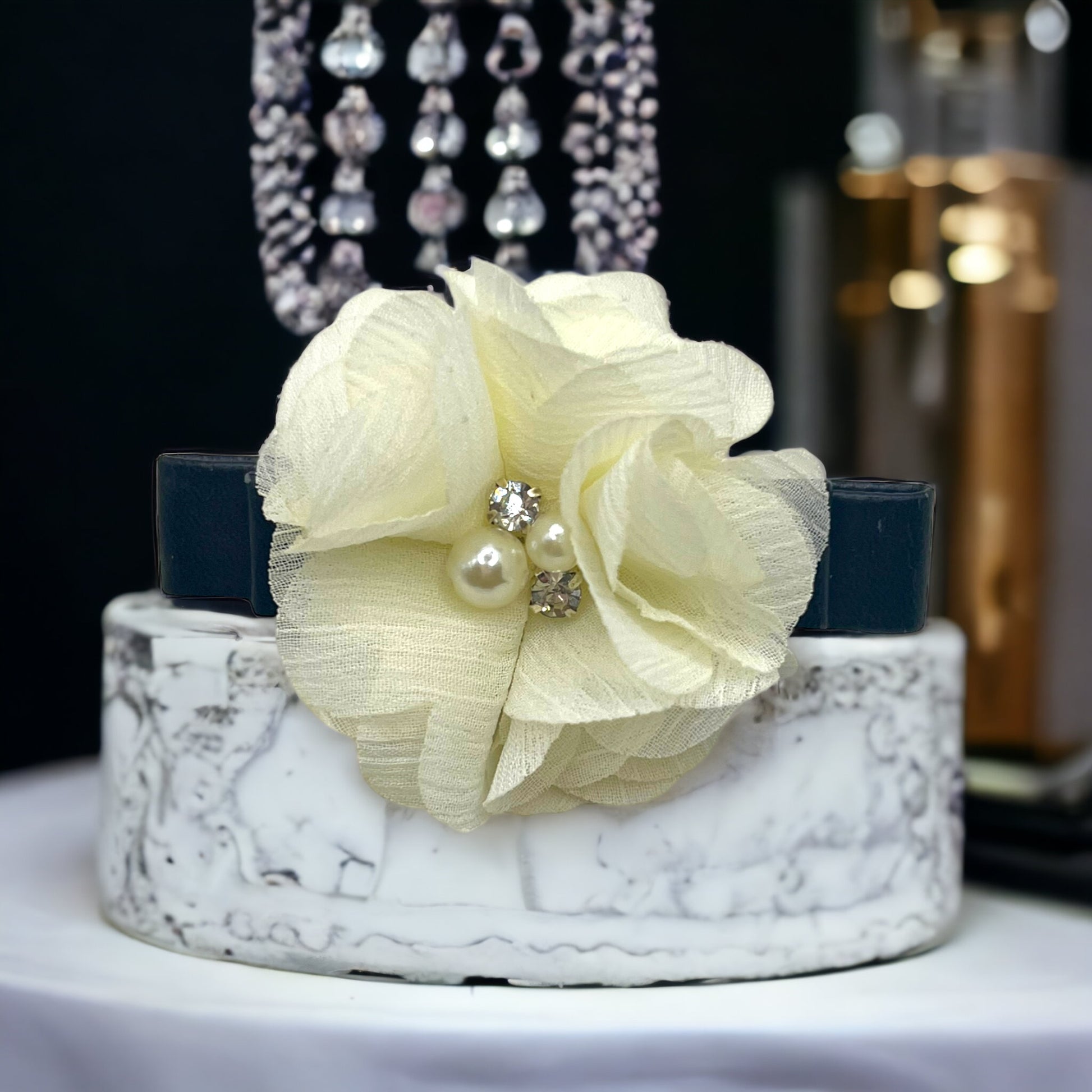Chiffon Camellia Rose Vegan Leather Dog Hair Barrette