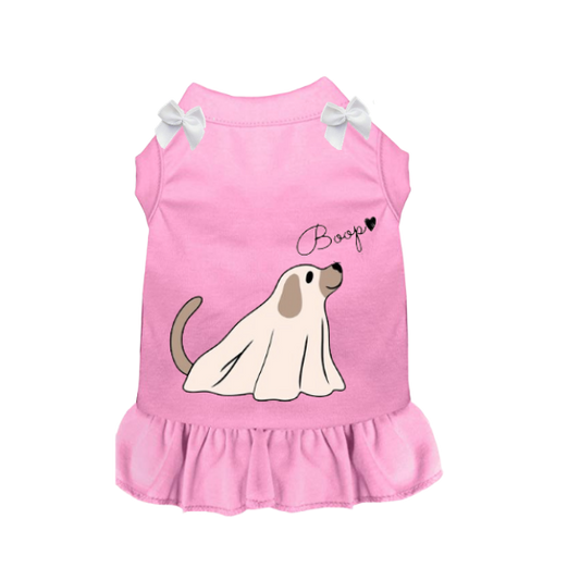 Pink Boop ghost pup Halloween dog dress with white shoulder bows