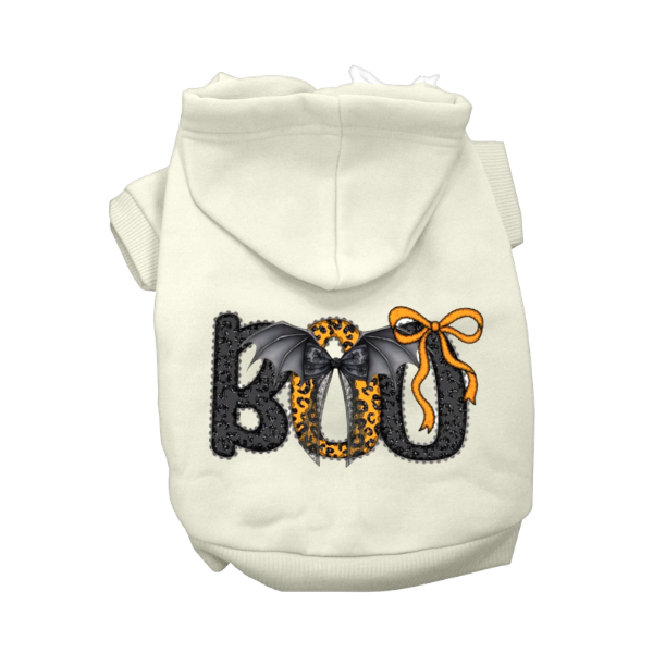 Cream Halloween dog hoodie with embellished BOO lettering and bows