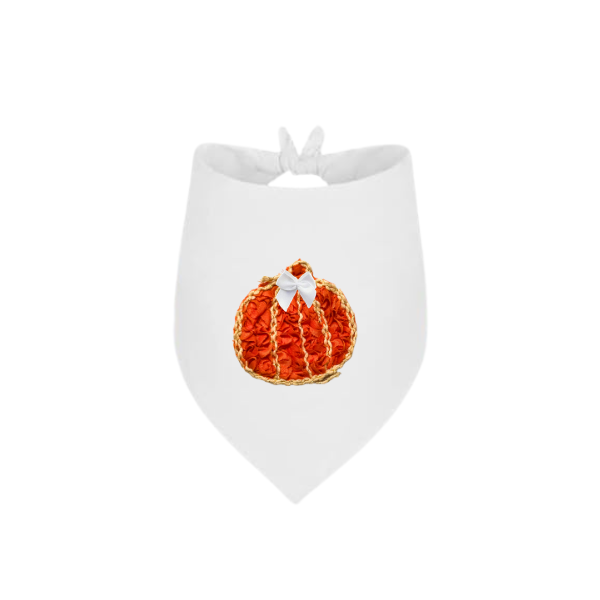 White dog bandana with orange couture pumpkin appliqué