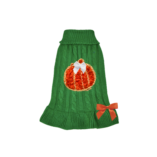 Green knit dog sweater with orange couture pumpkin appliqué