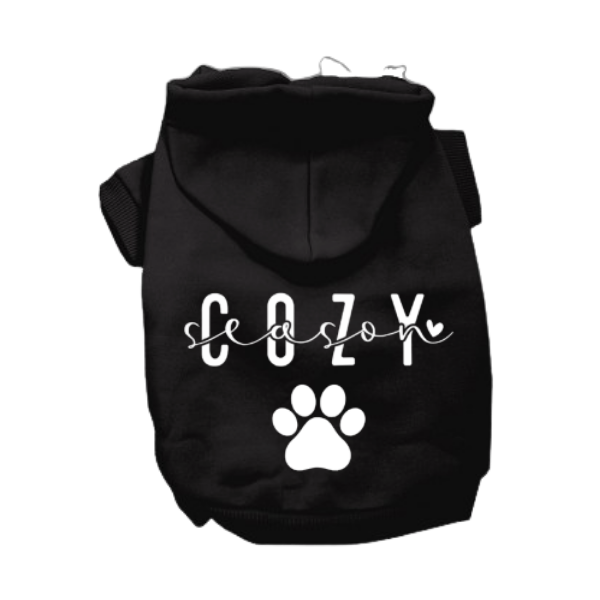 Black Cozy Season dog hoodie with white paw print