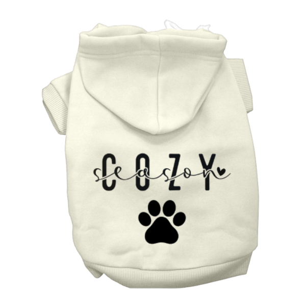 Cream Cozy Season dog hoodie with black paw print