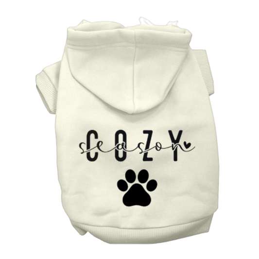 Cream Cozy Season dog hoodie with black paw print