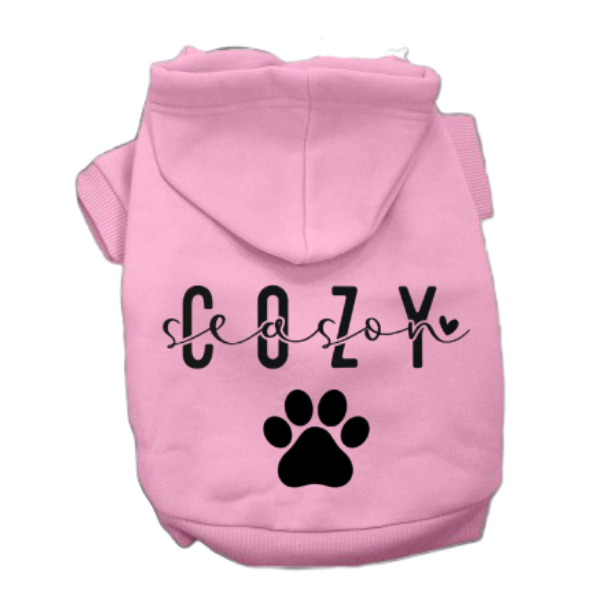 Pink Cozy Season dog hoodie with black paw print