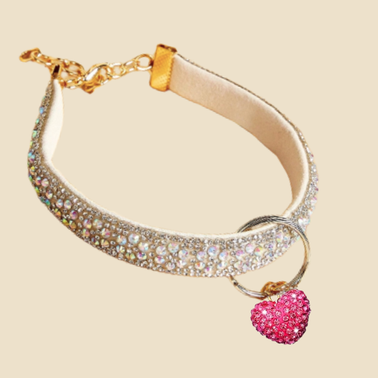 Crystal dog collar with pink heart charm