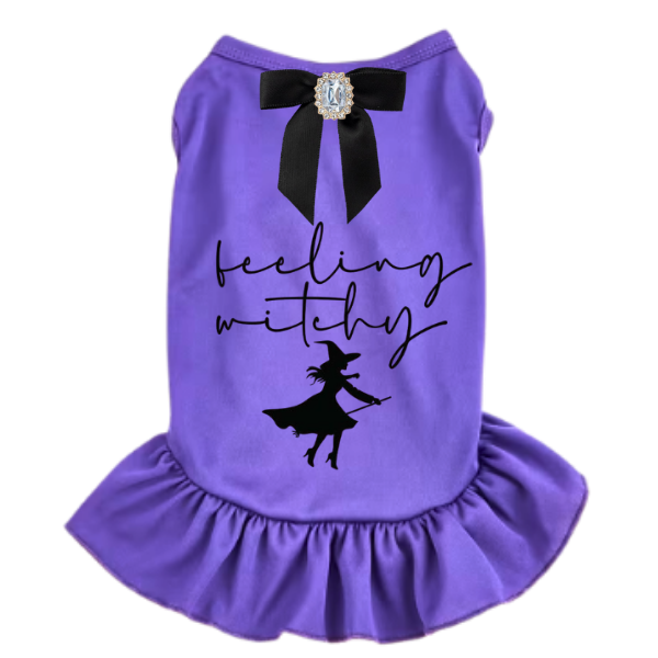 Purple Feeling Witchy dog dress with black jeweled bow