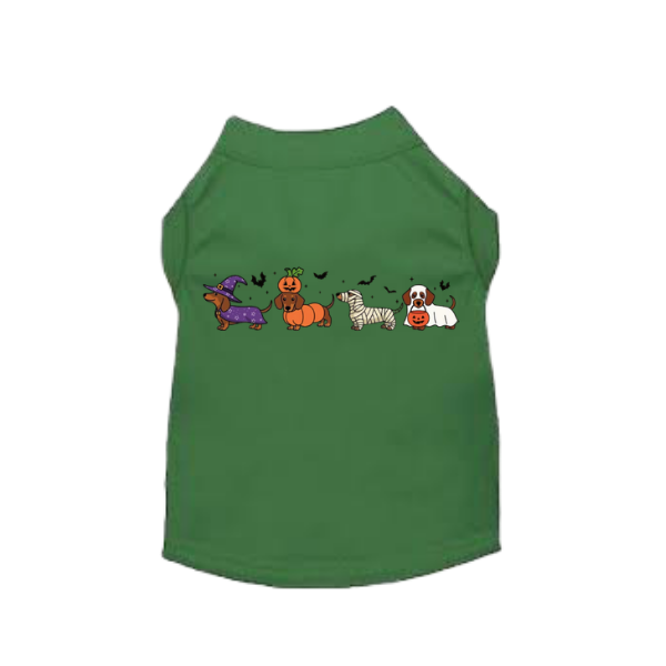 Green Halloween dog shirt with dogs dressed in festive costumes