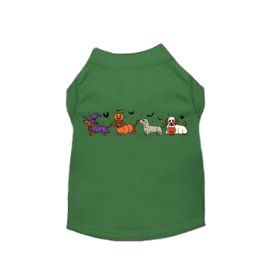Green Halloween dog shirt with dogs dressed in festive costumes