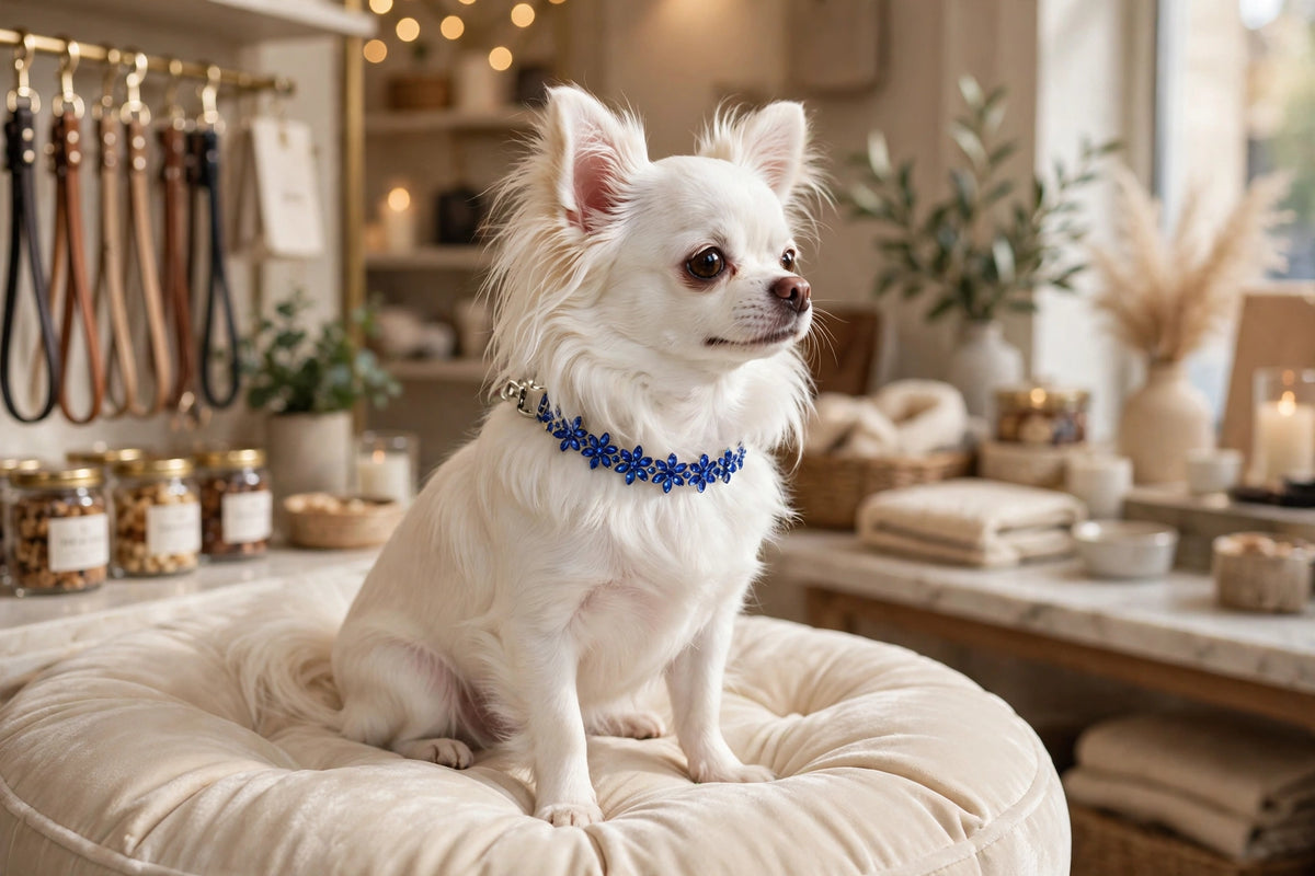 Sapphire collar worn by a white Chihuahua