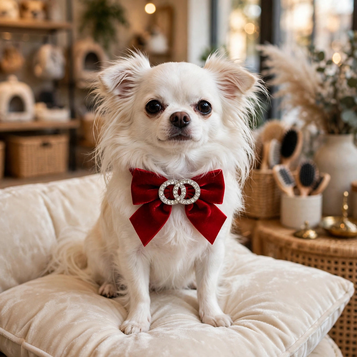 Buckle brooch at the center of a red bow on a white Chihuahua