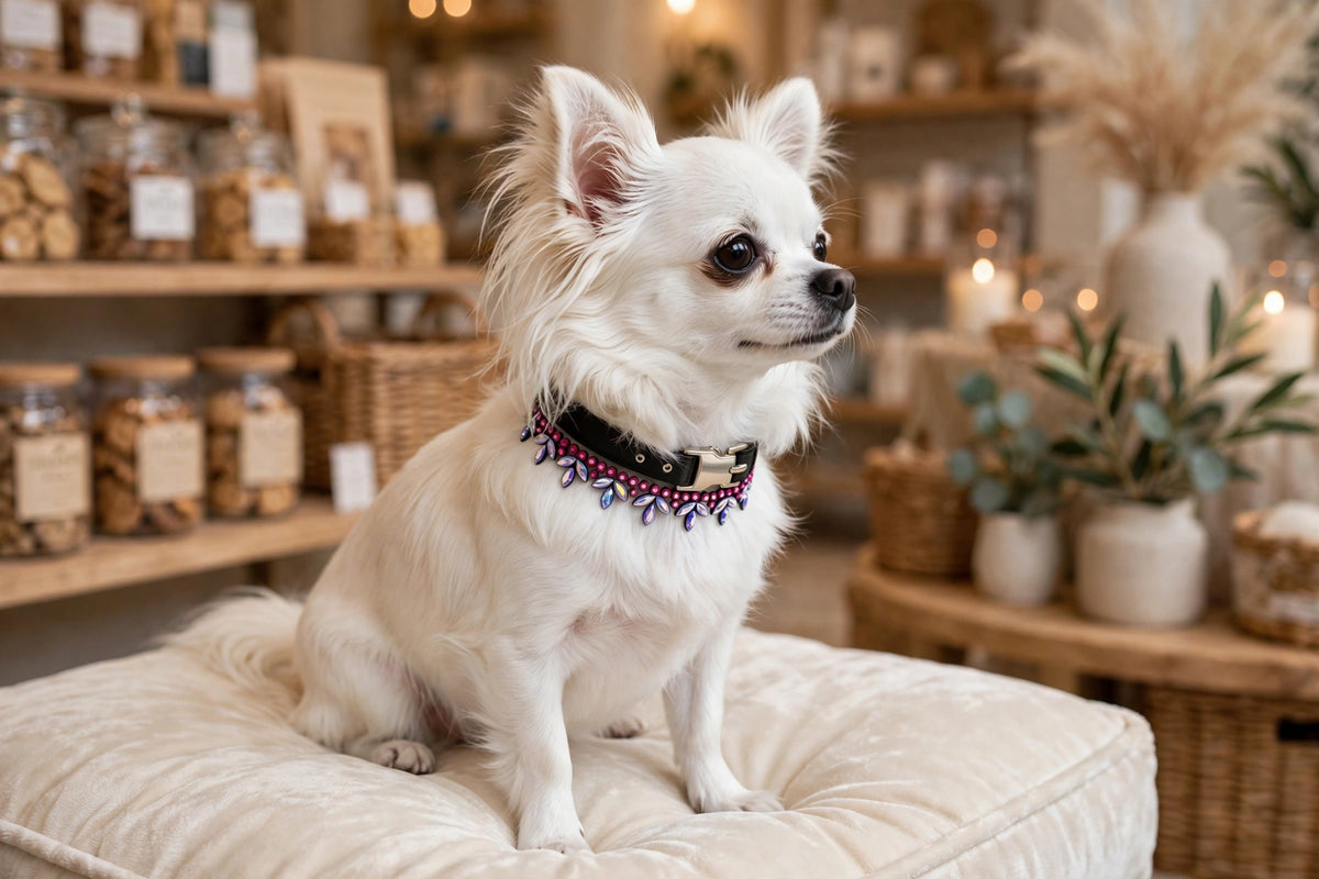 Noir Fuchsia collar worn by a white Chihuahua
