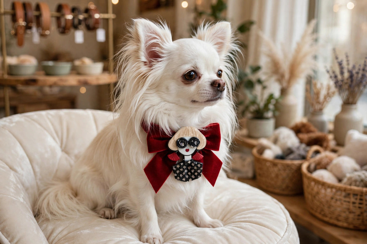 Fashionista brooch pinned to a red bow on a white Chihuahua