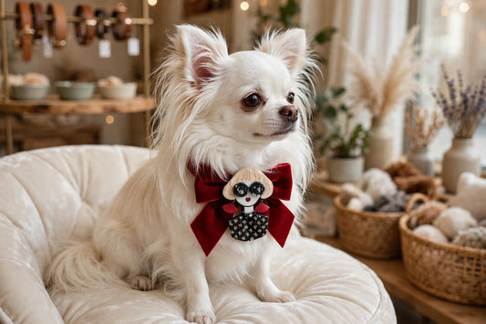 Fashionista brooch pinned to a red bow on a white Chihuahua
