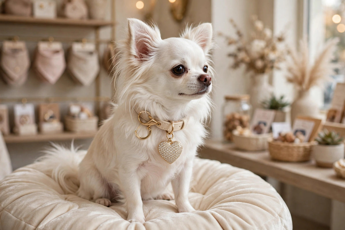 Gold heart charm clipped to a white Chihuahua's collar