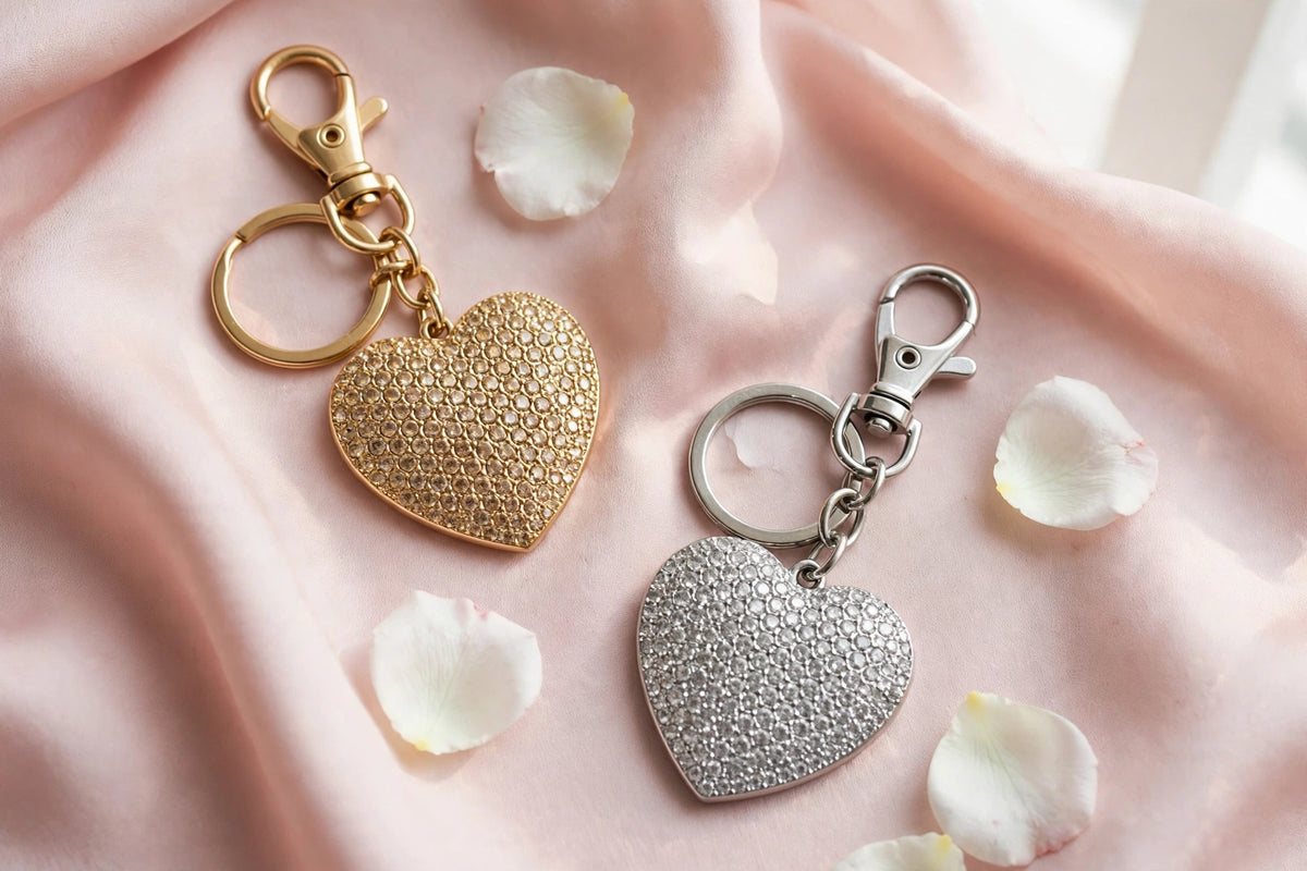 Gold and Silver heart charms flat lay on blush silk