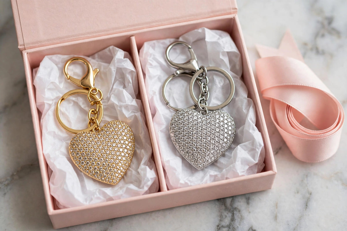 Gold and Silver heart charms in a gift box
