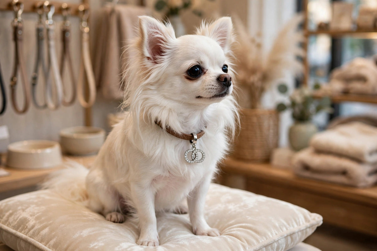Petite crystal charm clipped to a white Chihuahua's collar