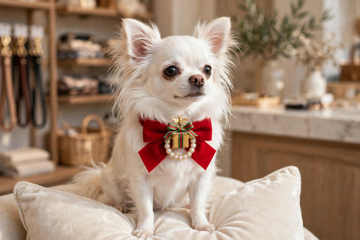 Present brooch pinned to a red bow on a white Chihuahua