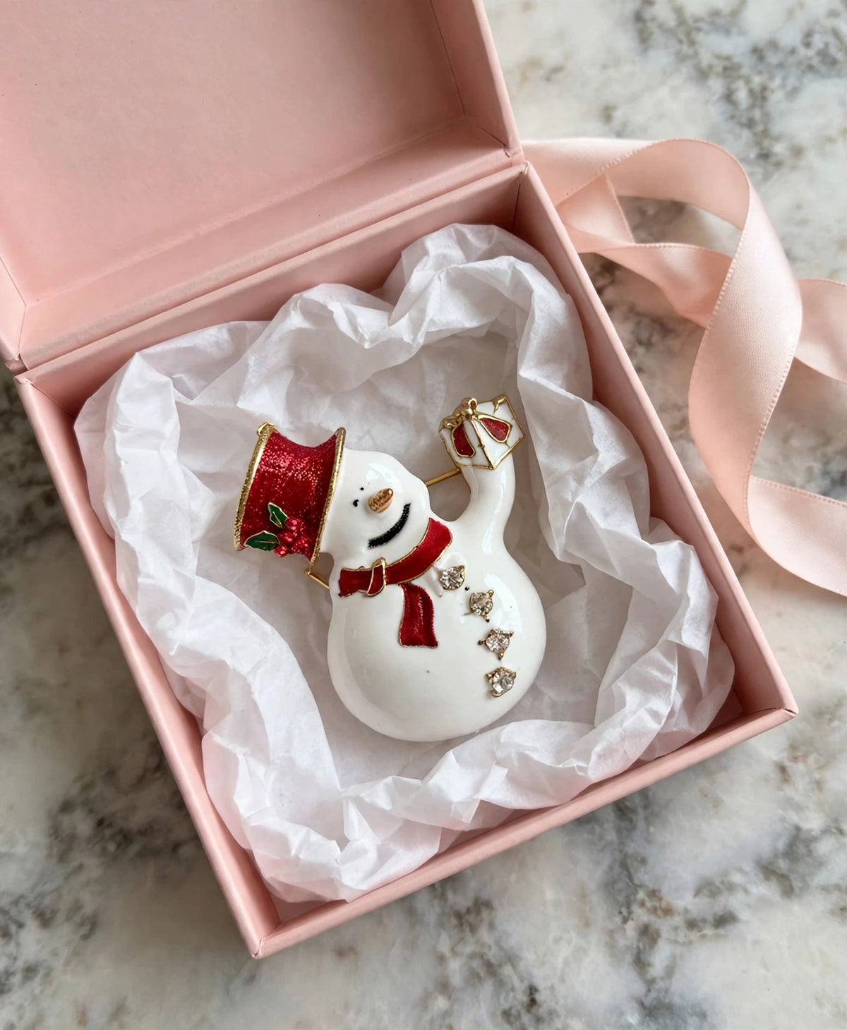 Snowman brooch in a gift box