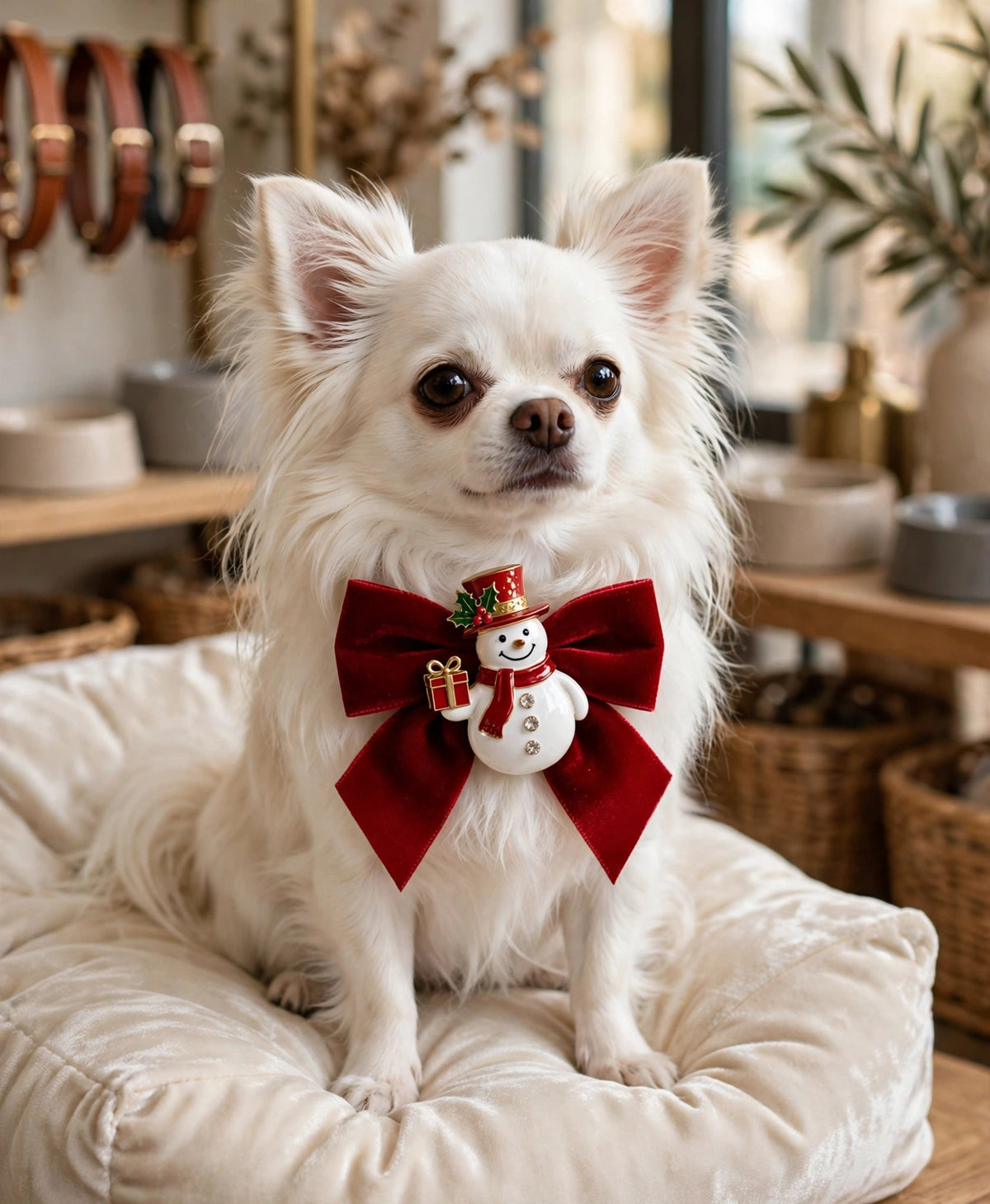 Snowman brooch pinned to a red bow on a white Chihuahua