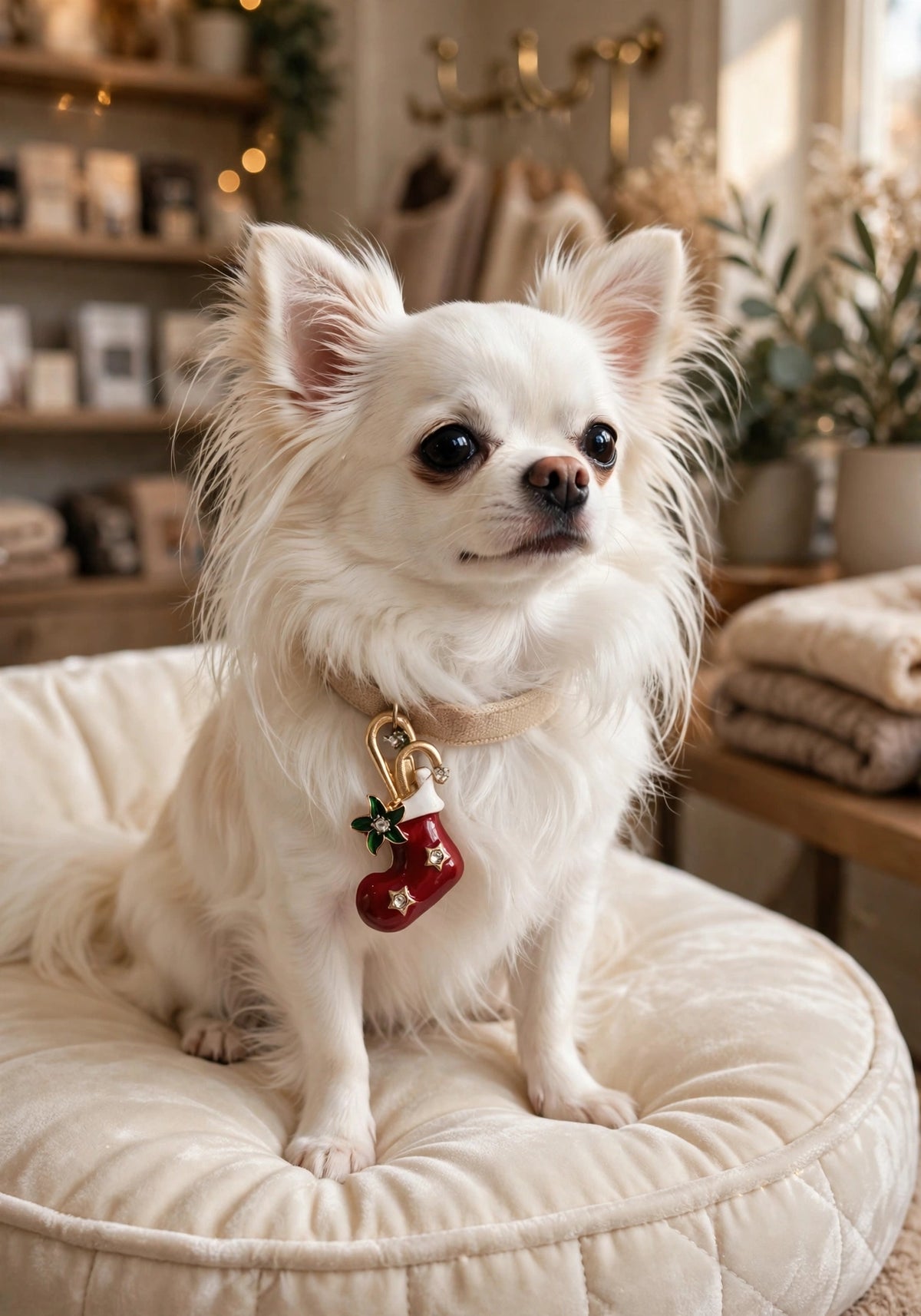 Stocking charm clipped to a white Chihuahua's collar