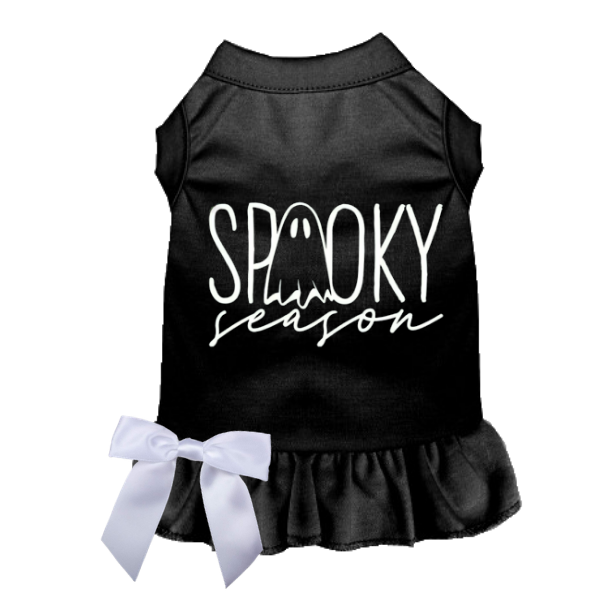 Black Spooky Season dog dress with white bow and ruffle skirt