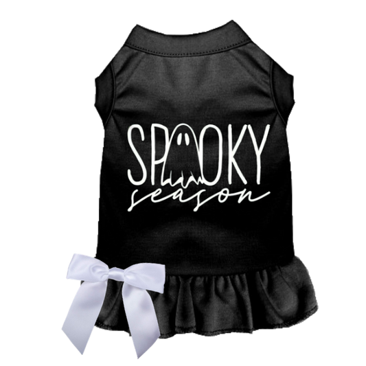 Black Spooky Season dog dress with white bow and ruffle skirt