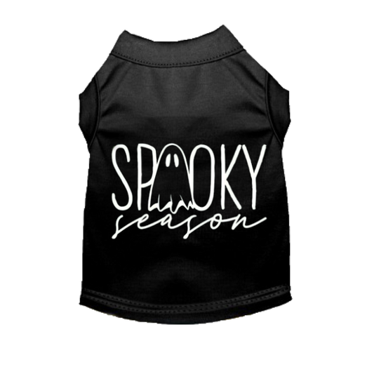 Black Spooky Season dog shirt with white ghost graphic