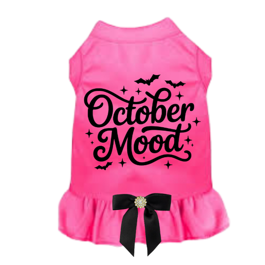Pink October Mood Halloween dog dress with black bow and ruffle skirt