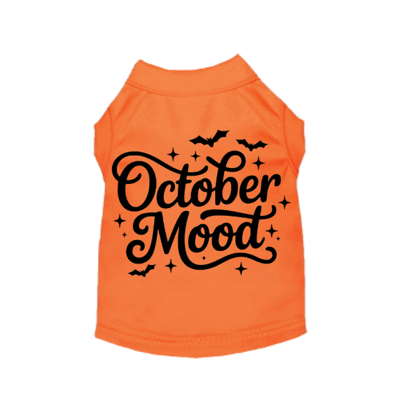 Orange October Mood Halloween dog shirt with black bats and stars