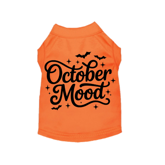 Orange October Mood Halloween dog shirt with black bats and stars
