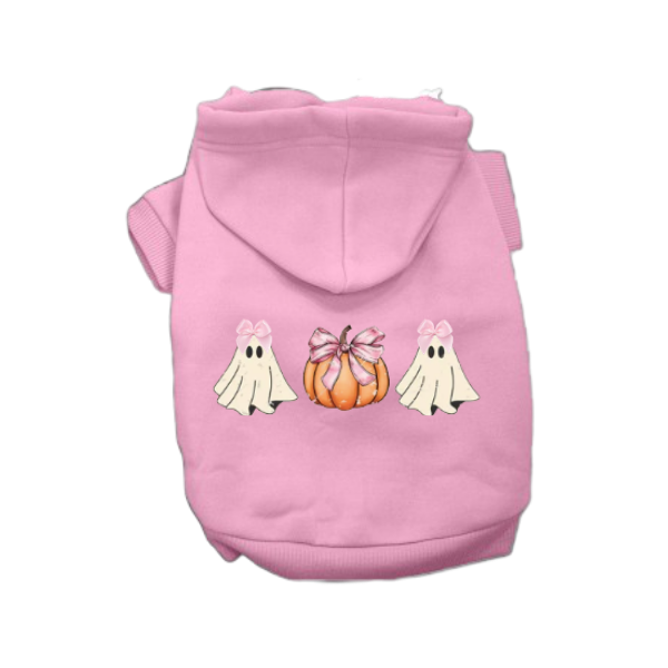 Pink Halloween dog hoodie with bow-wearing ghosts and pumpkin