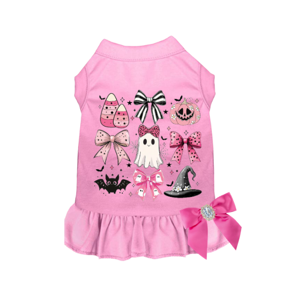 Pink Halloween collage dog dress with jeweled satin bow