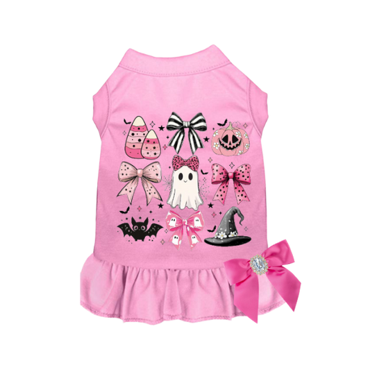 Pink Halloween collage dog dress with jeweled satin bow