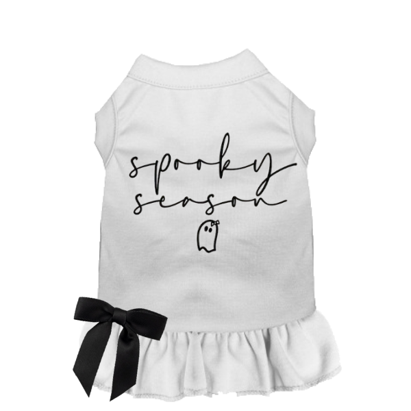 White Spooky Season dog dress with black bow and ruffle skirt