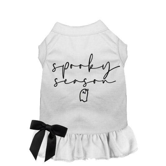 White Spooky Season dog dress with black bow and ruffle skirt