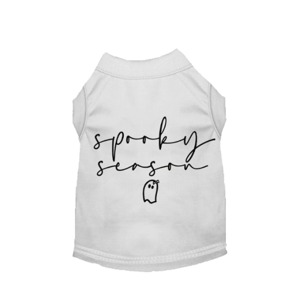 White Spooky Season dog shirt with petite ghost illustration