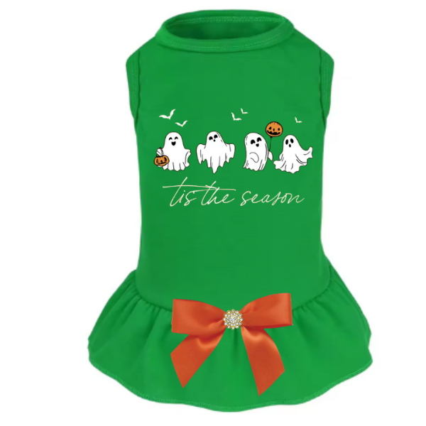 Green Halloween ghost dog dress with orange jeweled bow