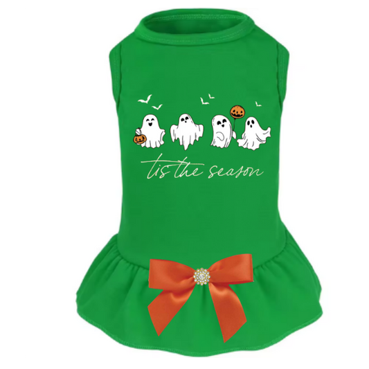 Green Halloween ghost dog dress with orange jeweled bow
