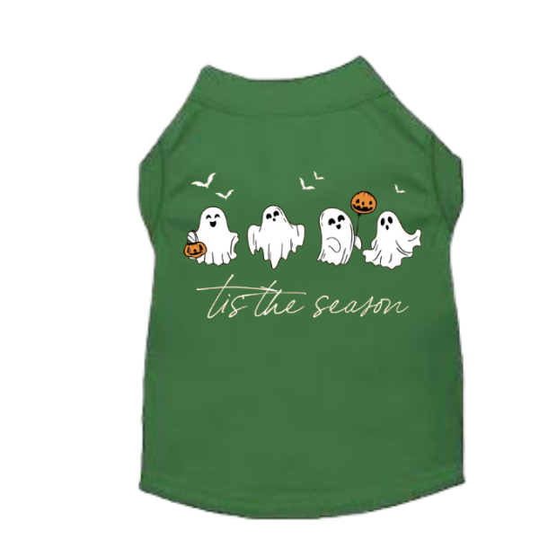 Green Halloween dog shirt with ghosts and pumpkins