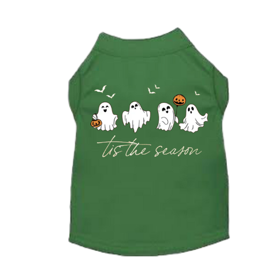 Green Halloween dog shirt with ghosts and pumpkins